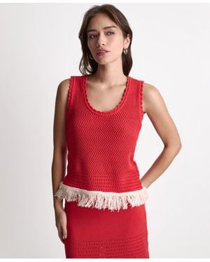 BCBGMAXAZRIA Fringe Pointelle Scoop Neck Tank Top - Red