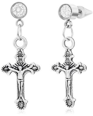 Metallo Stainless Steel Oxidized Cross Charm & Cz huggie Hoop Earrings - White