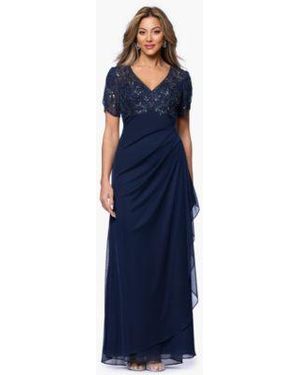 Xscape Long Beaded V Neck Gown - Blue