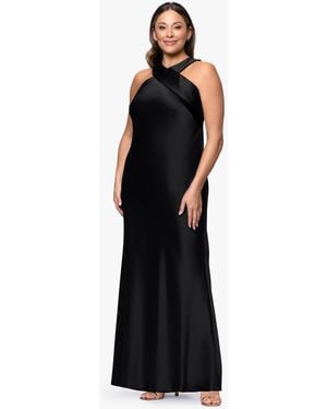Xscape Plus Size Satin Tie Neck Ball Gown - Black