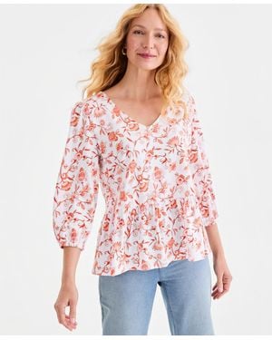 Style & Co. Printed 3/4-sleeve V-neck Peplum Top - Red