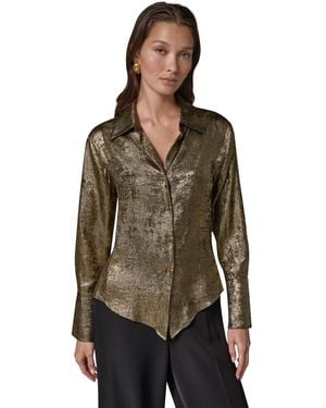Donna Karan Petite Long-sleeve Point-collar Pointy-asymmetrical-hem Blouse - Green