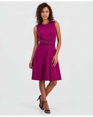 Anne Klein Belted Sleeveless Fit & Flare Dress - Purple