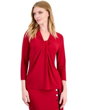 Kasper Petite Knot-front V-neck 3/4-sleeve Blouse - Red