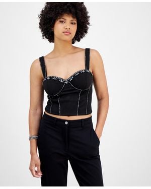 Guess Angelica Faux-suede Rhinestone-embellished Corset Top - Black