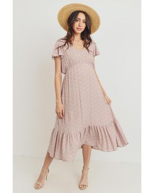 Hello Miss Maternity Flutter Sleeve V-neck Empire Waist Midi Dress - Pink