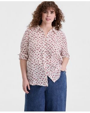On 34th Trendy Plus Size Cherry Print Silky Shirt - Red