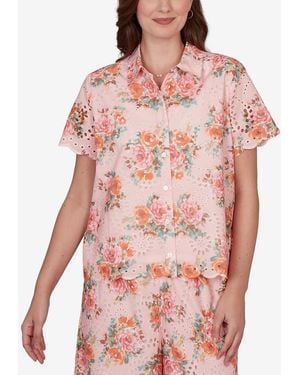 Ruby Rd. Petite Floral Scalloped Hem Camp Shirt - Pink