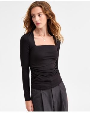 BarIII Square-neck Ruched Knit Top - Black