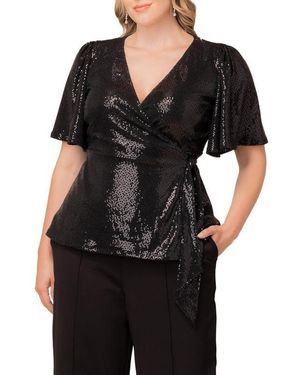 Kiyonna Plus Size Shimmering Sequin Wrap Top - Black