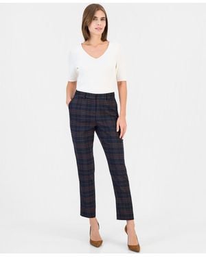 Tahari Plaid Slim Fit Straight Pants - Blue