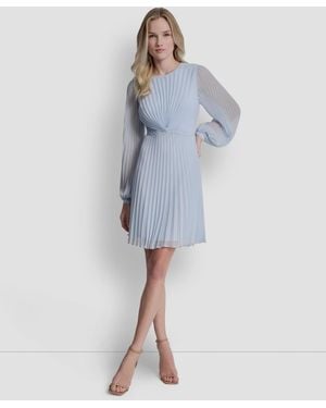 DKNY Long Balloon-sleeve Crewneck Short Dress - Blue