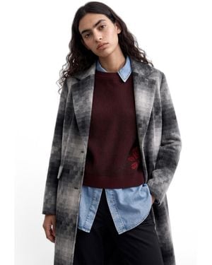 Desigual Long Checkered Coat - Gray
