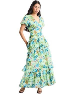 Warehouse Waist Puff Sleeve Tiered Midi Dress - Green