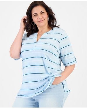 Style & Co. Plus Size Striped Roll-tab Elbow-sleeve T-shirt - Blue