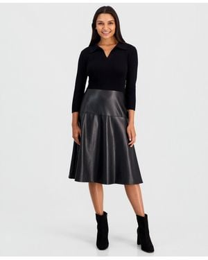 Tahari Faux-leather-skirt Split-collar 3/4-sleeve Dress - Black