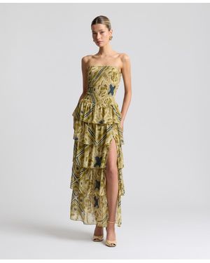 Avec Les Filles Printed Smocked-bodice Ruffle-tiered Maxi Dress - Metallic