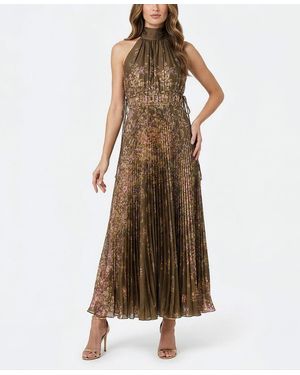Taylor Floral Pleated Mock Neck Polyester Dress - Brown
