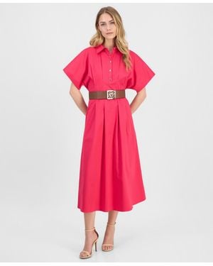 Anne Klein Sateen Belted Shirt-dress - Pink