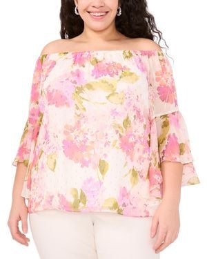 Msk Plus Size Printed Off-the-shoulder Chiffon Blouse - Pink
