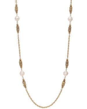 2028 Faux Cultivated Pearl Fluted Brass Long Necklace - Metallic