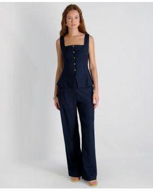 French Connection Twill Square Neck Button Down Top High Rise Relaxed Ankle Pant - Blue