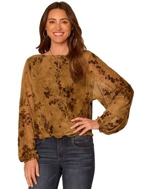 Democracy Petite Floral-print Long Blouson Sleeve Boat Neck Knit Top - Brown