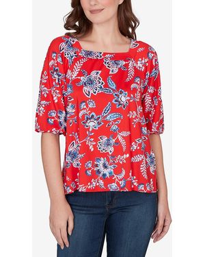 Ruby Rd. Petite Square Neck Floral Puff Print Top - Red