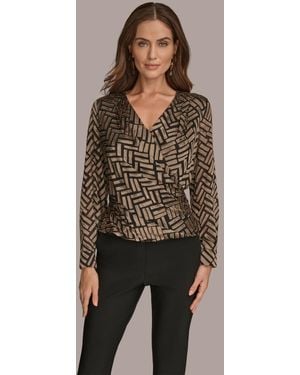 Donna Karan Long Sleeve Chevron Burnout Blouse - Brown