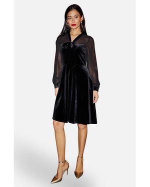 Yumi' Velvet Sheer Sleeves Skater Dress - Black