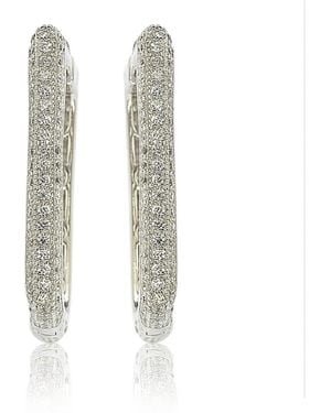 SUZY LEVIAN NEW YORK Suzy Levian Sterling Silver Cubic Zirconia Pave Square Modern Hoop Earrings - White