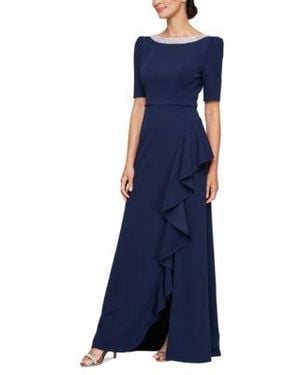 Alex Evenings Embellished Neck Ruffle Gown - Blue