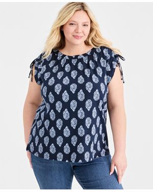 Style & Co. Plus Size Drawstring-shoulder Printed Top - Blue