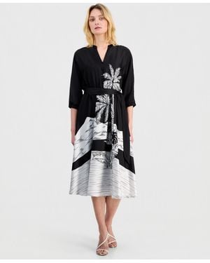 Tahari Elbow-sleeve Split-neck Midi Dress - Black