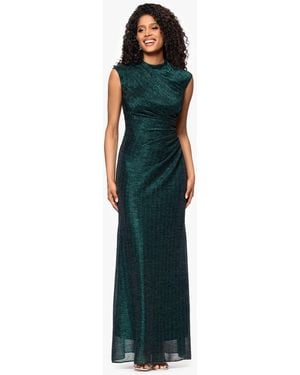 Betsy & Adam Crinkle Ruched Slit Gown - Green
