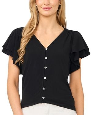 Cece Flutter-sleeve V-neck Blouse - Black