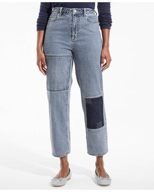 Lands' End Petite Soft Denim Mid Rise Relaxed Straight Crop Patchwork Jeans - Blue
