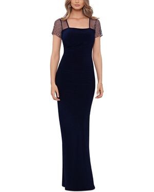 B & A by Betsy and Adam Petite Short Sleeve Mesh Gown - Blue