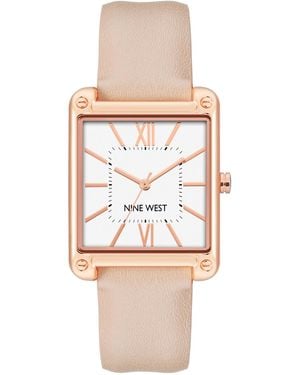 Nine West Quartz Square Light Pink Faux Leather Band Watch - White