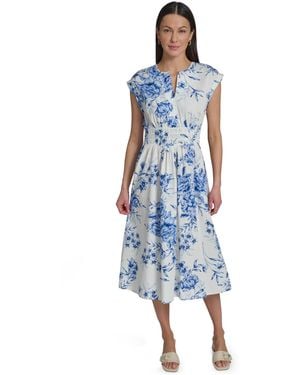 Calvin Klein Floral Smocked V-neck A-line Midi Dress - Blue
