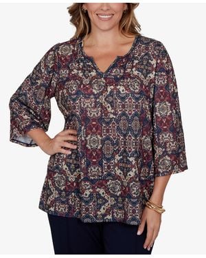 Ruby Rd. Plus Size Patchwork Henley 3/4-sleeve Blouse - Blue