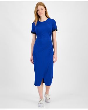 Tommy Hilfiger Ribbed Faux-wrap Midi Dress - Blue