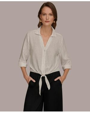 Donna Karan Weekend Roll-tab Sleeve Tie-front Blouse - Gray