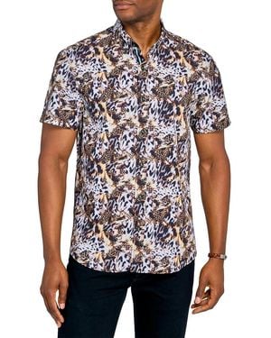 Society of Threads Regular Fit 4-way Stretch Performance Leopard Print Short Sleeve Button Down - White