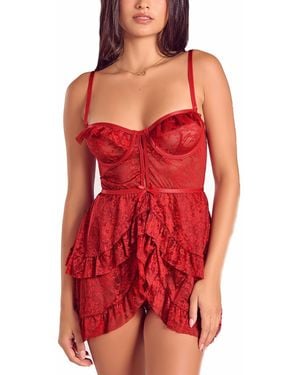 iCollection Multi Ruffled Lace Babydoll Lingerie Set - Red
