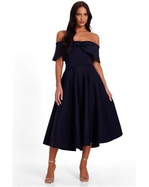 Quiz Scuba Bardot Bow Detail Skater Dress - Blue