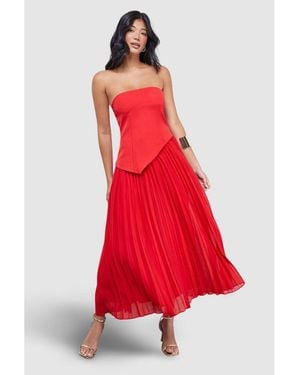 Warehouse Bandeau Bodice Pleated Midi Dress - Red