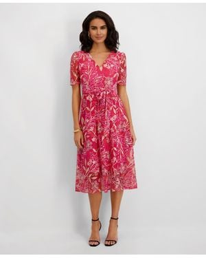 Kensie Embroidered Mesh Tie-waist Midi Dress