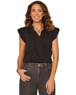 Democracy Petite Ruffle Cap-sleeve Knit Top - Black
