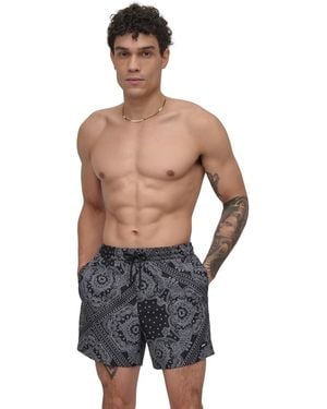 DKNY Euro Black & White Print Performance 5" Volley Shorts - Gray